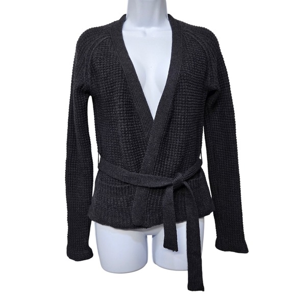 Club Monaco Cardigan Sweater Small Black‎ 100% Wool Waffle Knit Pockets Belted - Picture 1 of 9